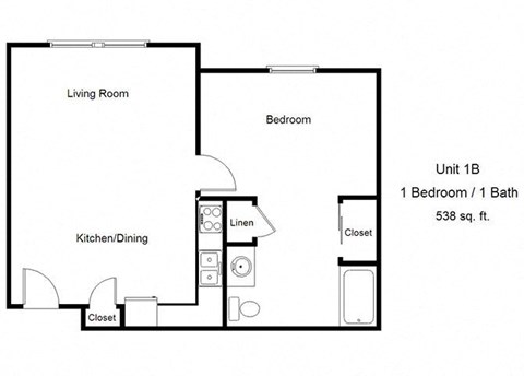 Floor plan for 1 bed, 1 bath, 538 sqft